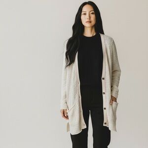 Free People Women's Long Cream Cardigan Sweater Size L Acrylic/Wool/Cotton Blend